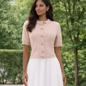 Muse Blush Pink Jeweled Bow Button-Up Sweater Medium Feminine Chic Cardigan NWT